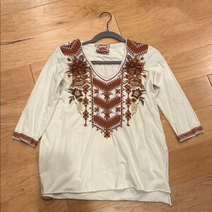 Johnny Was Cream and Brown Embroidered Blouse - Flawed Gem